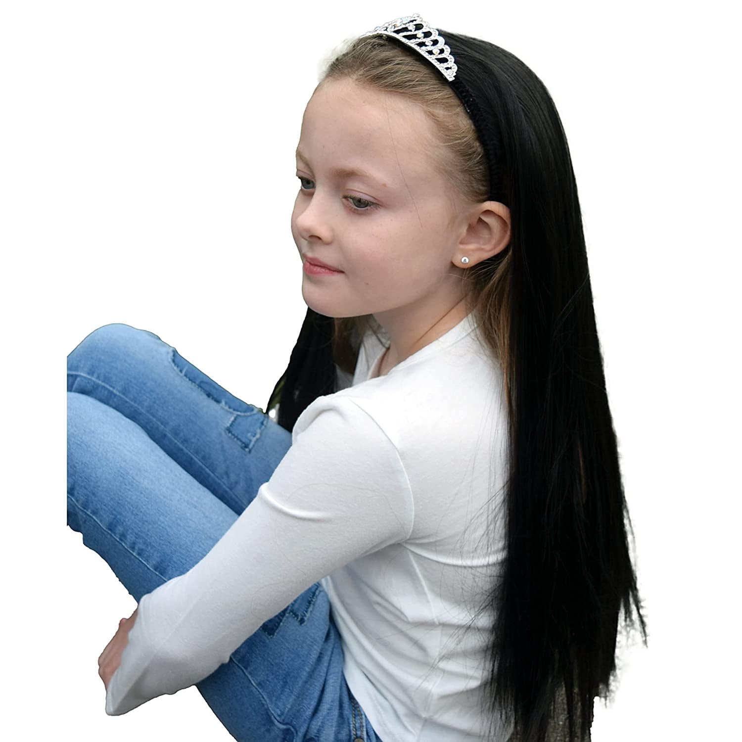 Easy to Attach Hairband for Child Friendly Use My Hair Popz Deluxe Synthetic Fiber Black Princess Wig with Rhinestone Encrusted Tiara Headband Heat and Tangle Resistant Costume Wig for Kids 