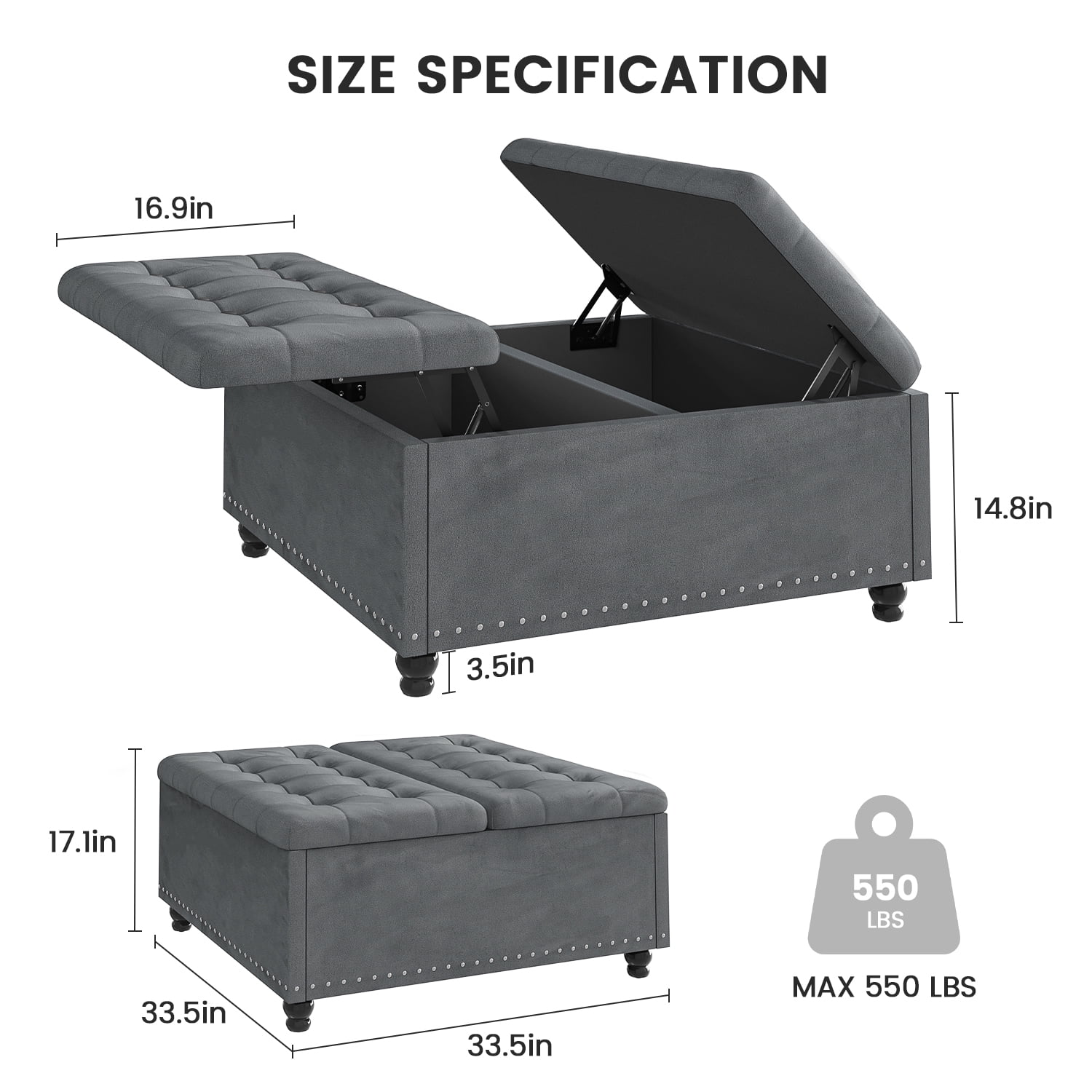 Kbun 33.5 inch Large Square Storage Ottoman, Tufted Upholstered Coffee Table with Lift Top & Solid Wood Legs, Oversized Storage Bench Ottomans Toy Box for Bedroom, Living Room, Entryway, Grey
