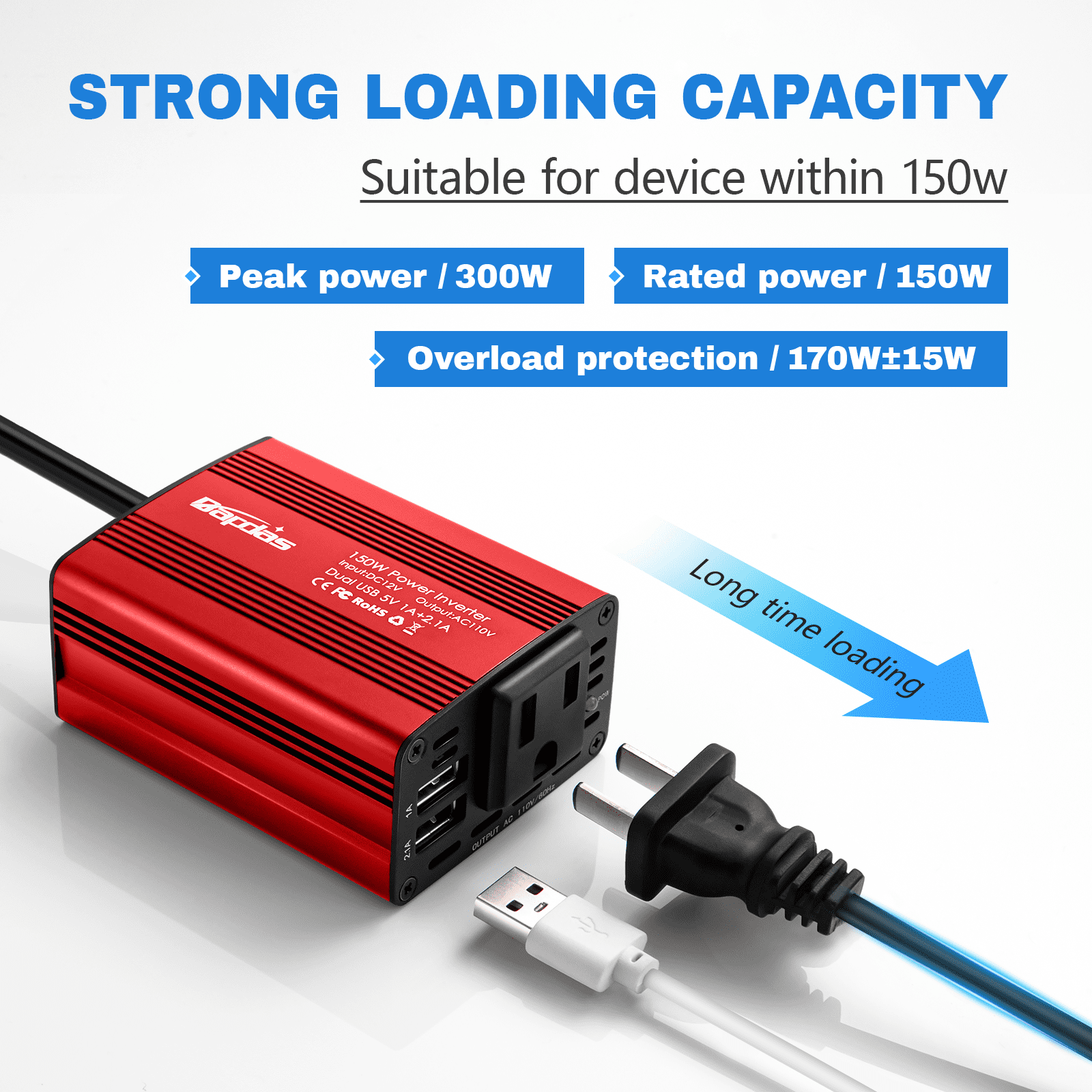 Bapdas 150 Watts Car Power Inverter DC 12V to 110V AC Car Adapter with 3.1A Dual USB Car Converter Red