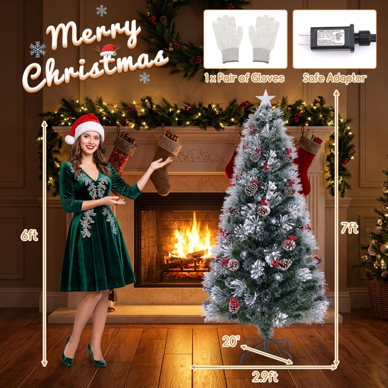 RUIE 7 ft Flocked Christmas Tree, Pre-Lit Green White Artificial Xmas Tree with 8 Lighting Modes, Pine Cones and Treetop Star Light