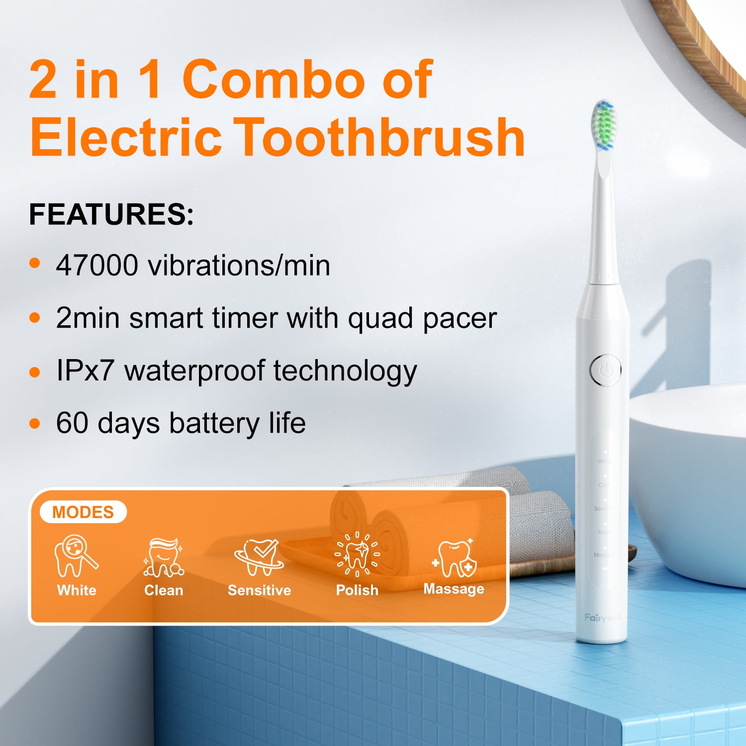 Fairywill Electric Toothbrush Water Flosser Combo, 47000/min Sonic Toothbrush with 5 Modes and 300ml Oral Irrigator,4 Brush Heads & 4 Jet Tips Included, Black