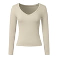 thumbnail image 3 of ZHOGXU Big Kids Girls T Shirt Long Sleeve V Neck Ribbed Solid Color Breathable Slim Fit Top For Casual Daily Wear,Beige,9-10 Years, 3 of 4