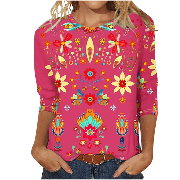 Camisetas Casuales de las Mujeres de Moda Impresa 3/4 Mangas Blusa Cuello Redondo para el Hogar Y Diario