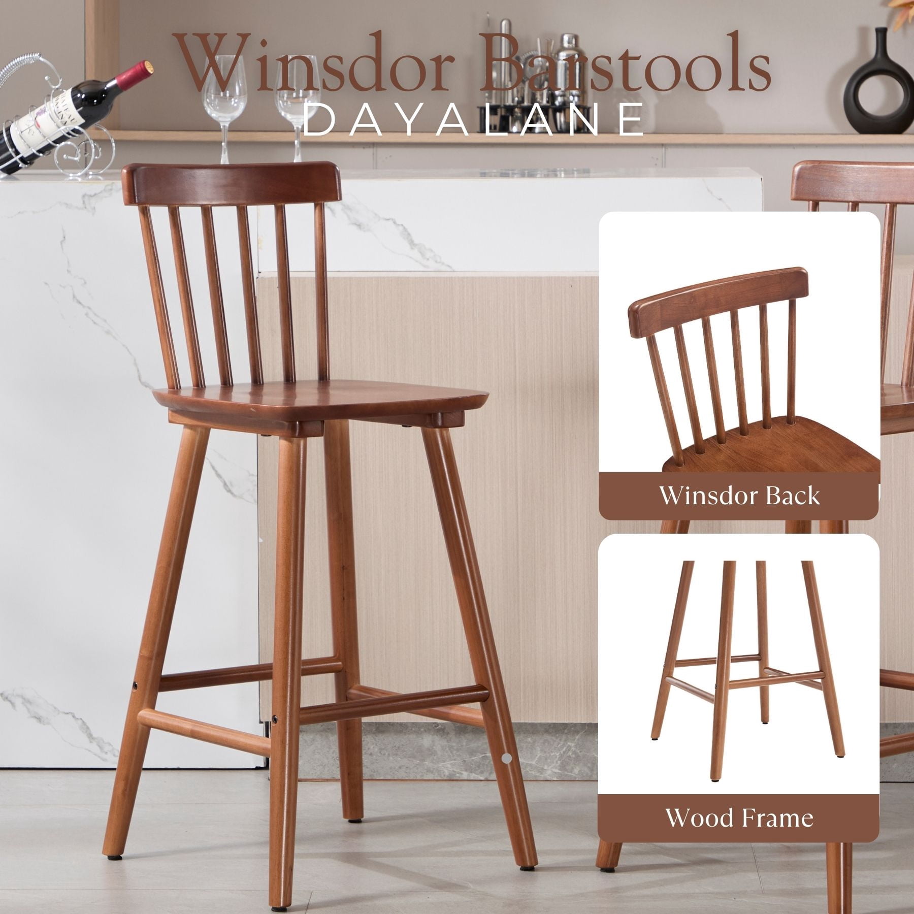 Dayalane Windsor Bar Stools Set of 2, 26" Farmhouse Wooden Counter Height Barstools with Spindle Back & Footrest, Armless Kitchen Island Stools for Bistro, Pub, Breakfast Bar,Walnut