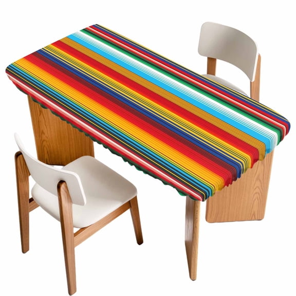 Mexican Stripes Table Cloths for 3 Foot Rectangle Tables, Ethnic Horizontal Lines Tribal Geometric Art Patio Waterproof Elastic Fitted Tablecloths, Washable Rectangular Table Cover for Camping