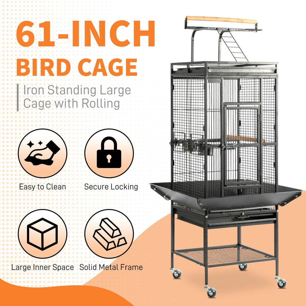 GVN Bird Cage, Small Bird Habitat,65-Inch Wrought Iron Large Rolling Bird Cage with Play Top And Stand for Parrots Lovebird Cockatiel Parakeets, Black