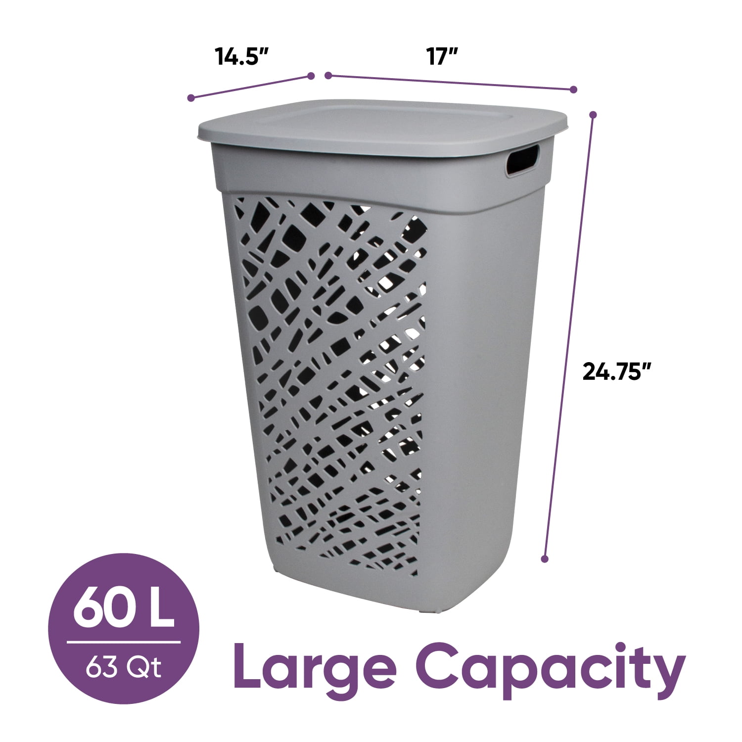 Non-Breakable Mosaic Hamper, 60L -Dark Gray, Elegant Design, Vented Laundry Basket, Made in France