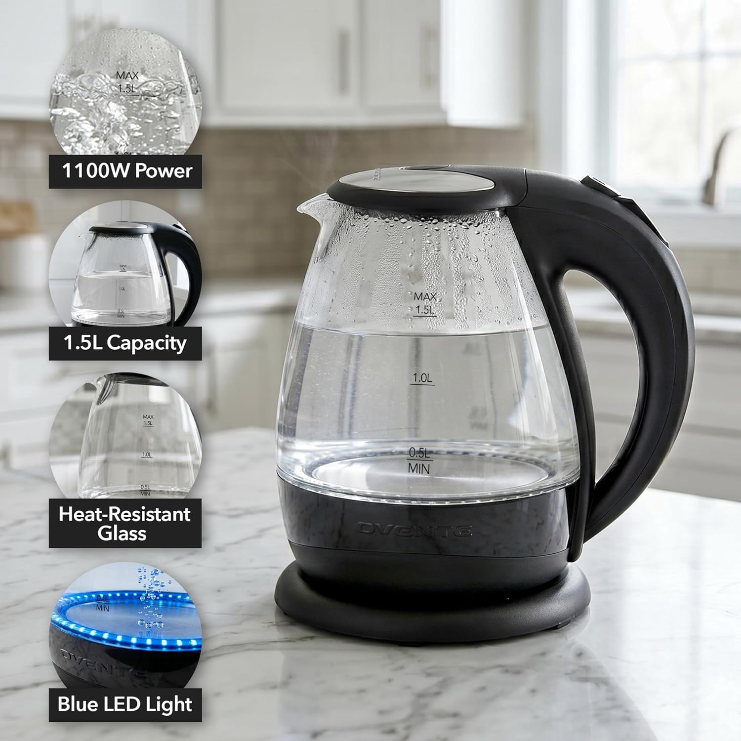 Ovente Lighted Electric Glass Kettle 1.5 L with Blue LED Lights, Black KG845B