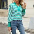 thumbnail image 4 of Long Sleeve Tshirt for Women Smocked Cuffs Striped Shirt Button V Neck Casual High Low Tops Pullover Loose Blouses, Green, XL, 4 of 7