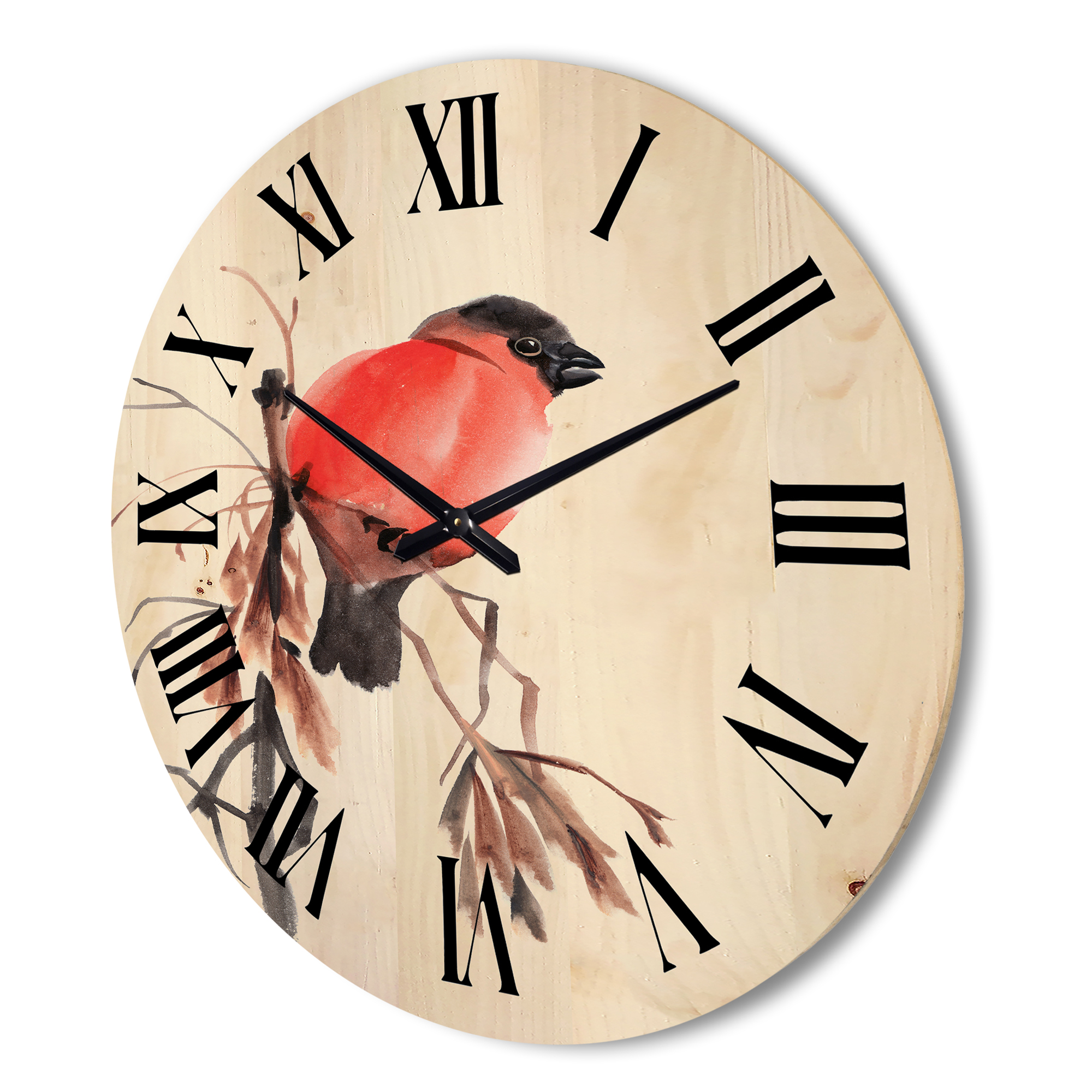 Designart 'Red Bullfinch Bird Sitting On A Branch' Traditional Wood Wall Clock