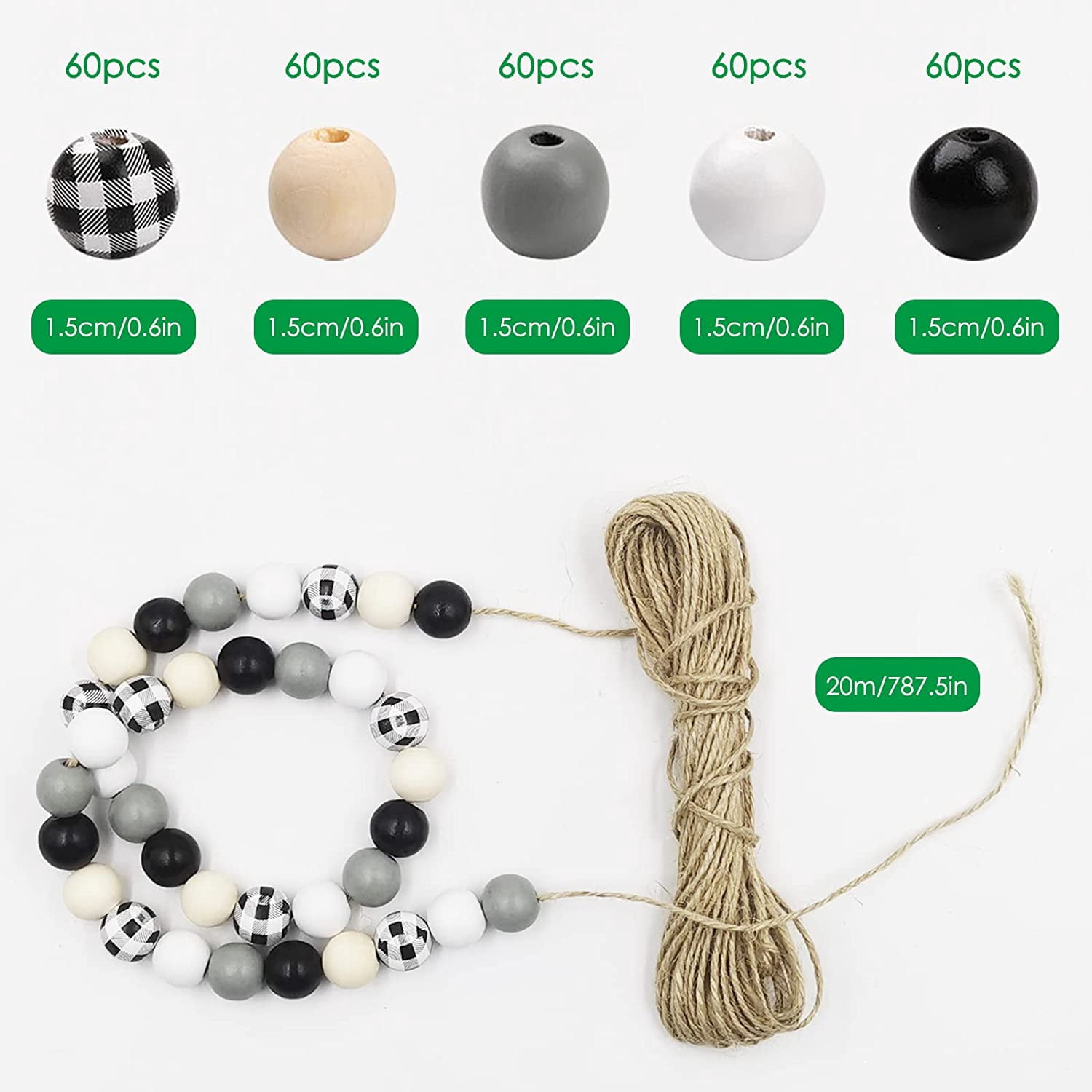 300 Pieces 16mm Craft Wood Beads And 20m Hemp Rope, DaKuan Four Seasons DIY Wooden Beads, Craft Supplies, Black, White, Grey, Checkered, Pure Wood Color, Five Colors