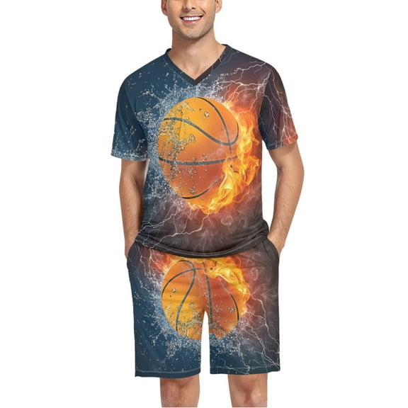 joogoo Men's Pajama Set Burning Basketball V-Neck Pj Shorts Set 2 Piece Loungewear Sleepwear L