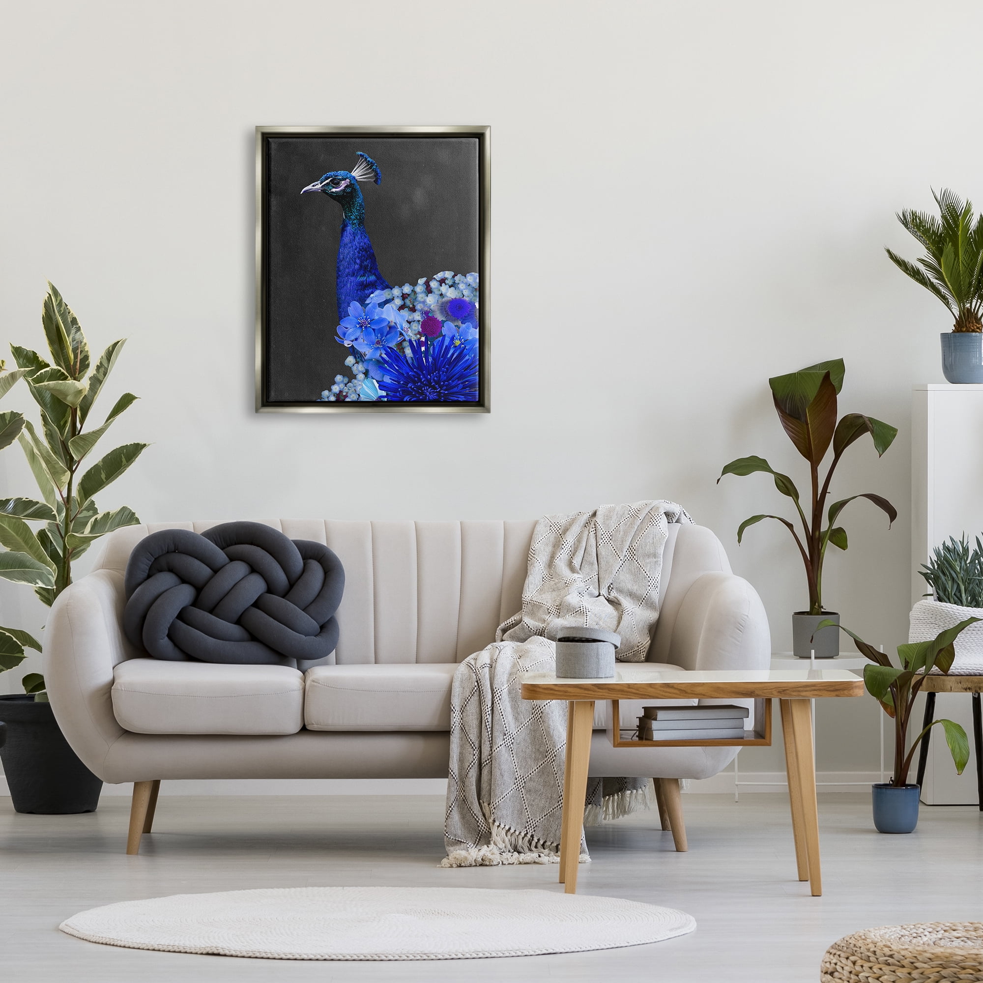 Stupell Industries Vibrant Blue Floral Peacock Animals & Insects Painting Gray Floater Framed Canvas Art Print Wall Art, 25 x 31
