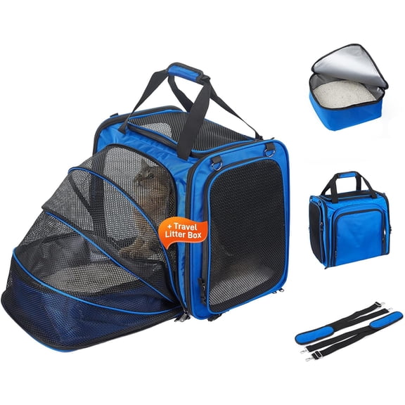 Cat Carrier with Litter Box, Expandable Cat Carrier for Car Travel | Expandable Cat Carrier with Travel Litter Box, More Room for Long Car Trips, Breathable Mesh, Safety Leash & Lockable Zippers