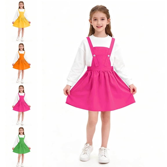 SGFCWSX Girls Button Suspender Skirt, Flared Hem Casual Sleeveless Dress Hot Pink Size 9-10 Years