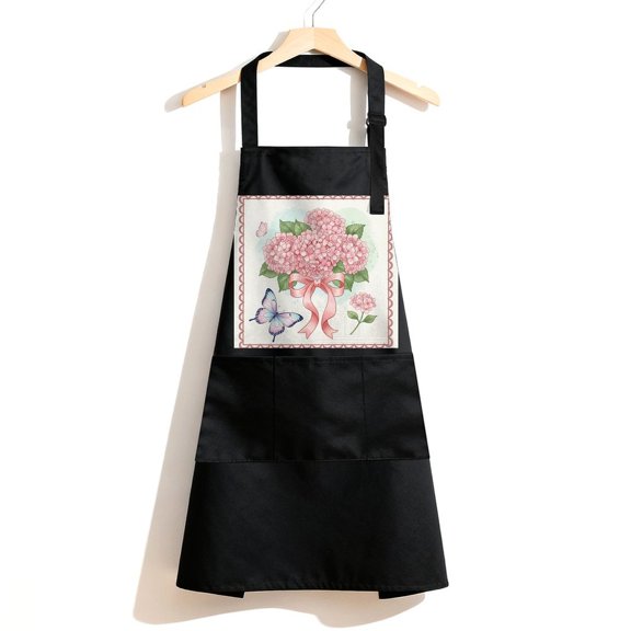 RKSupls Waterproof Bib Apron with 3 Pockets, Pink Hydrangea Adjustable Neck Strap Soft 100% Polyester Water Resistant Apron for Kitchen Restaurant Home Use