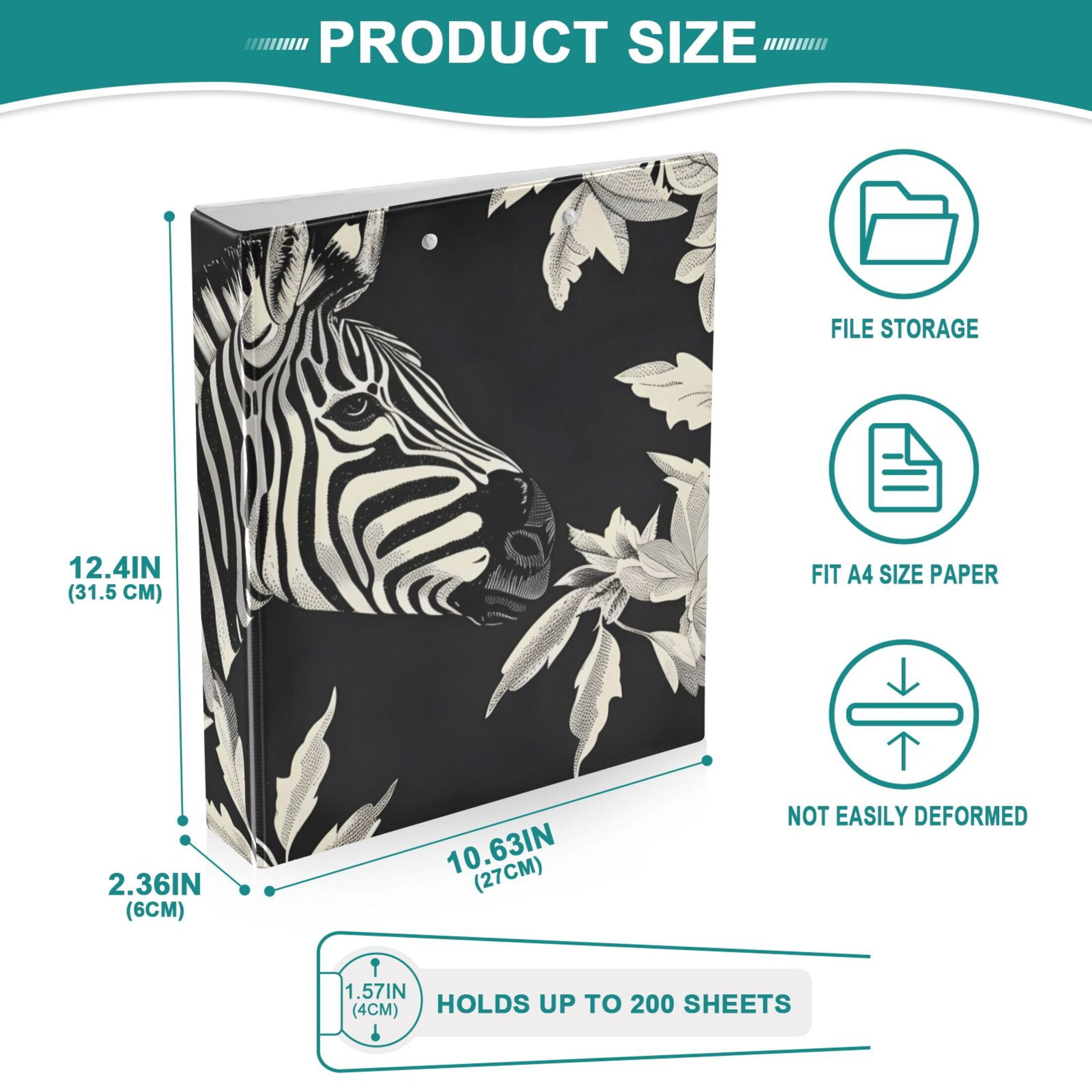 Zebra and Leaves 3 Ring Binders 1.5 inch Hardcover File Folders with Interior Pockets A4 Size Organizer for School Office Hospital