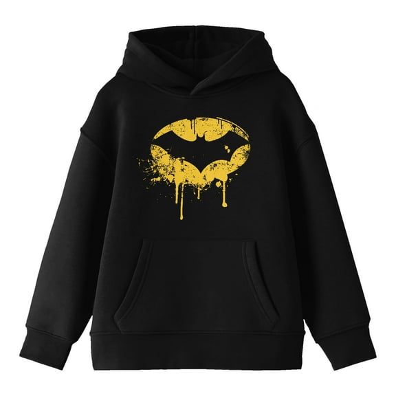 Batman Distressed Emblem Long Sleeve Youth Black Hooded Sweatshirt-Medium