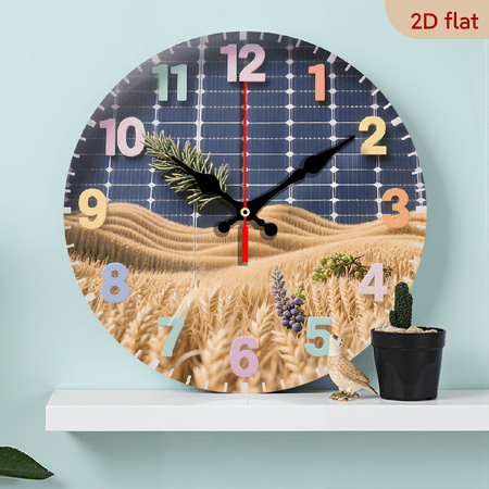 2D Flat 1pc 10Inch Solar-Powered Silent Wall Clock - Round Wood Design, No-Ticking Quiet Operation, High-Quality Battery-Free Timepiece for Home, Office, Living Room, Bedroom, Kitchen, Garden