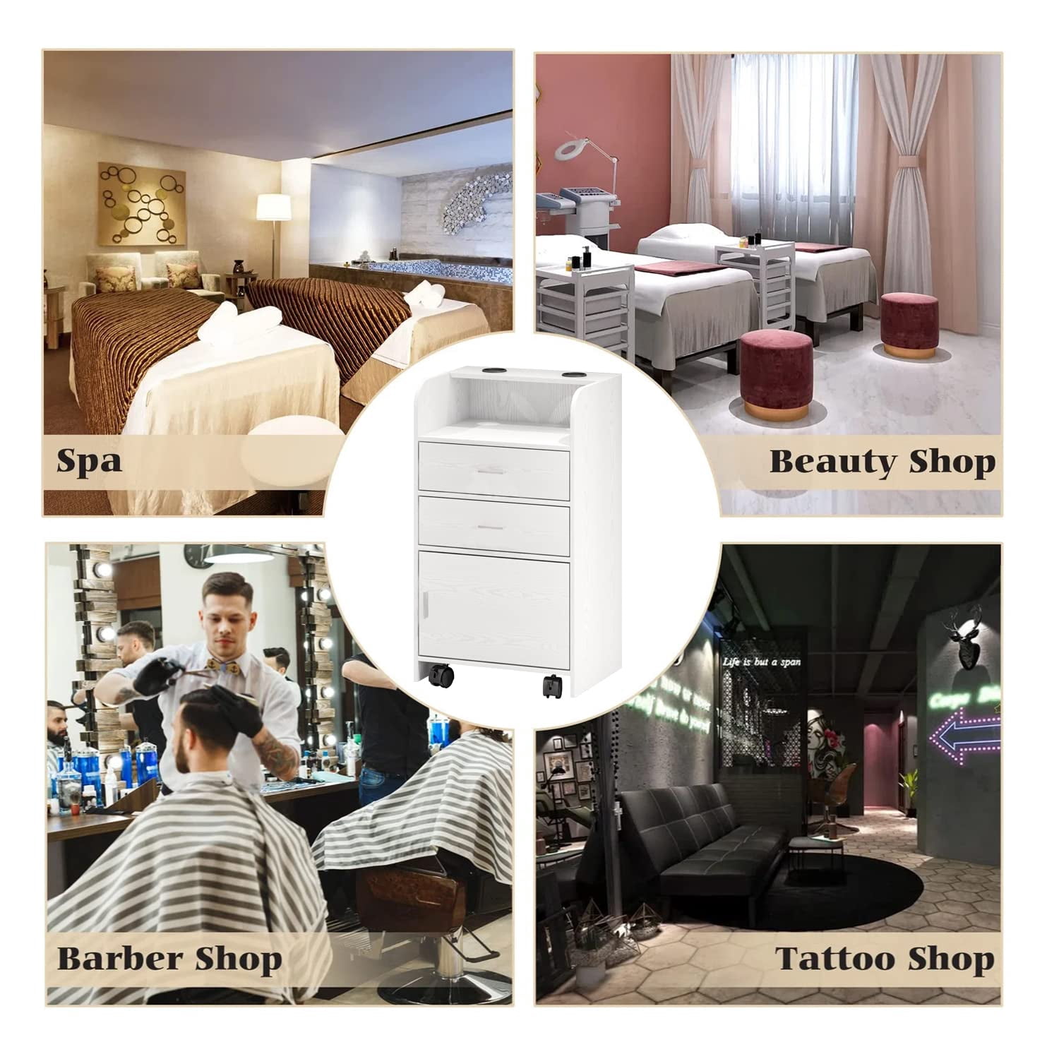 Catrimown Salon Station, Storage Cabinet with 2 Drawers & Large Cabinet, White