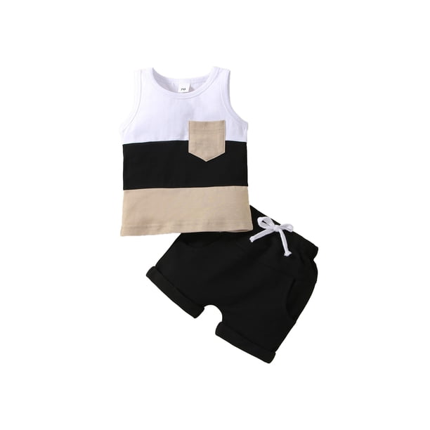 Conjunto de tanque para bebé niño, pantalones cortos lisos con parte superior de marinero de patchwork XBTCLXEBCO Negro;18-24 Meses