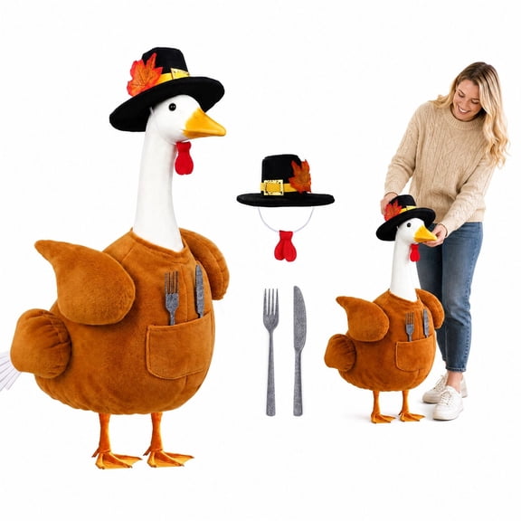 23 Inch Thanksgiving Turkey Porch Goose Outfit Set, Fall Goose Costume with Dinnerware and Utensils for Porch Statue, Seasonal Decoration for Yard and Patio