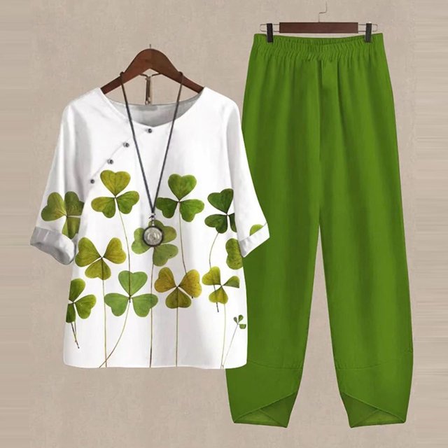 Ladies Five Sleeve Printed Blouse Pants Two Piece Suit, Green S