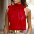 thumbnail image 2 of Miluxas Women's Elegant Blouse Ruffle Trim Sleeveless Mock Neck Halter Tank Top Trendy office Outfit Red, 2 of 5