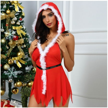 

Tejiojio Women Clothing Gifts Women Comfort Bra Christmas Clothes Deep V Hooded Plush Stitching Nightdress Seamless Pajamas Suit