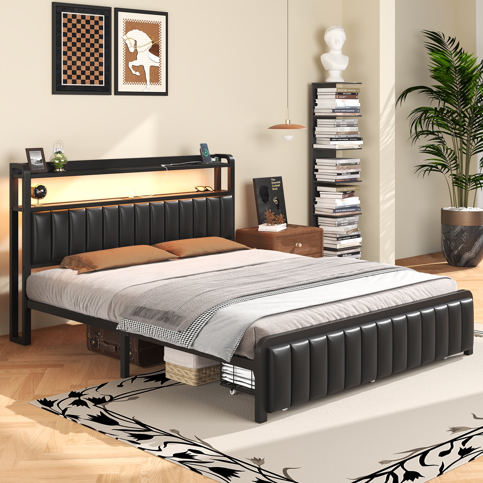 Full Size Bed Frame with LED Headboard, Metal Platform Bed with Storage Drawer, No Box Spring Needed