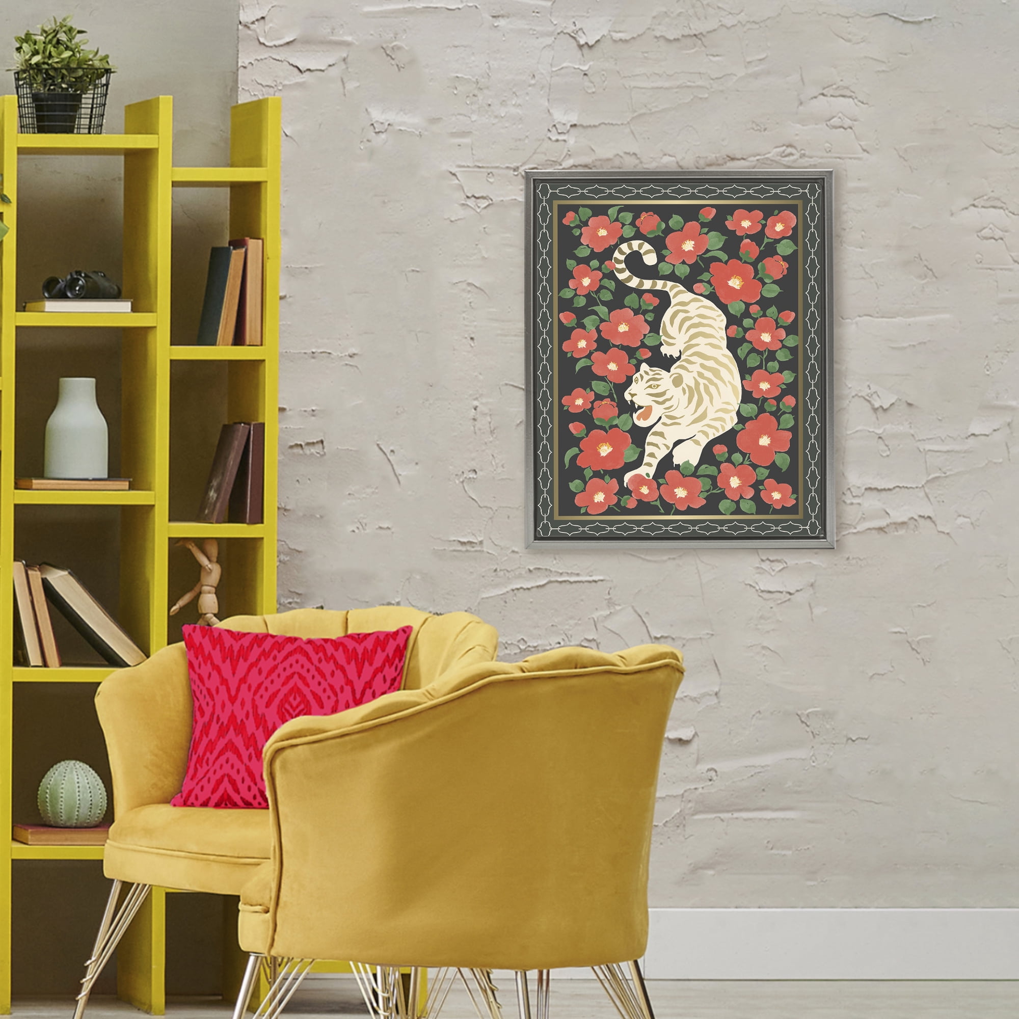Stupell Industries Ivory Tiger Among Camelias Gray Framed Floater Canvas Wall Art, design by Karolina Sato