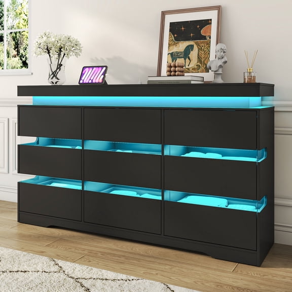ANPOO 9 Drawer Dresser for Bedroom, 63 Inch Dresser with LED Lights and Charging Station, Wide Chest of Drawers with Large Storage, Bedroom Closet Organizer Cabinet for Living Room Entryway, Black