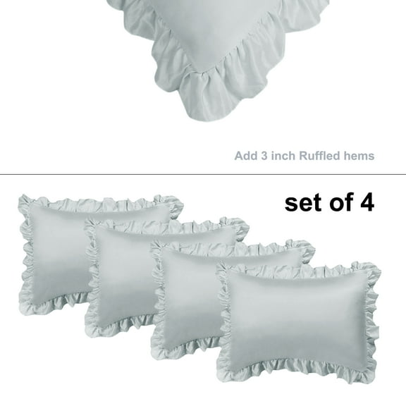 PiccoCasa Set of 4 Satin Pillowcase Pillow Shams Oxford Pillowcase With Ruffled Decor For Skin And Hair Non-Standard Silver