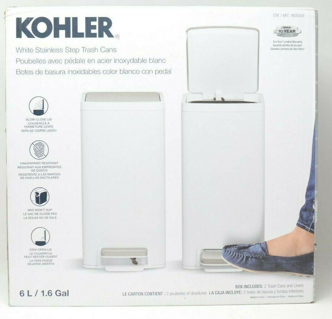 KOHLER 1.6 gallon Slim Step Trash Can White With Stainless Steel 