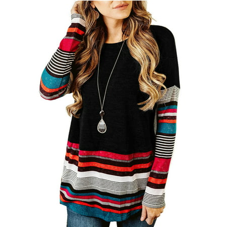 Women's Round Neck Long Sleeve Autumn And Winter Striped T-shirt ...