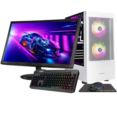 Gigatech Gaming Apollo 5 White Gaming PC Desktop Bundle - Ryzen 5 5500, RTX 3050, 32GB DDR4, 512GB SSD + 8TB HDD, Wi-Fi, Monitor