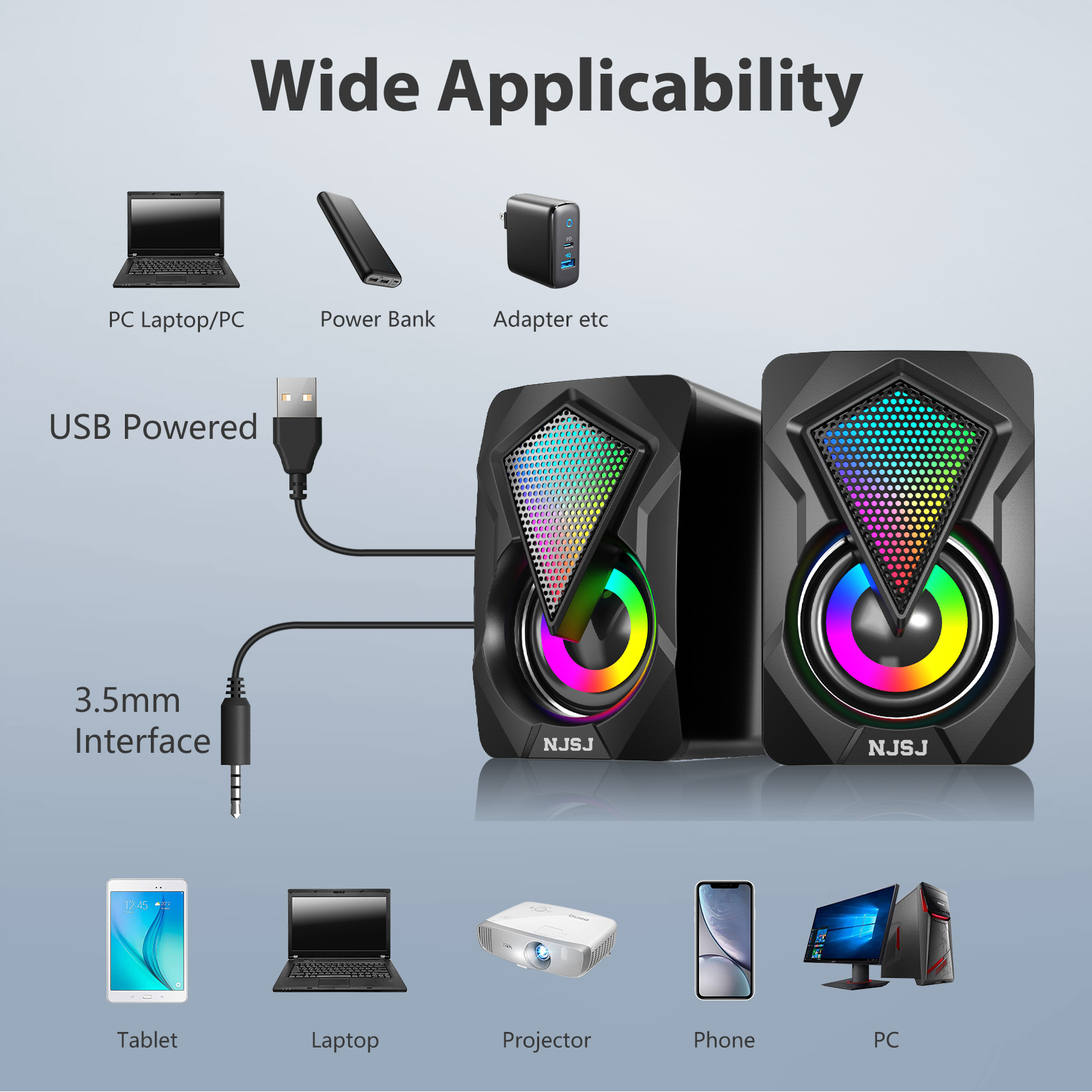 NJSJ Computer Speakers,2.0 USB Powered Gaming Speakers with RGB LED Light 3.5mm Aux Input Stereo Mini Multimedia Speaker for PC, Desktop, Laptop, Cellphone, Monitor