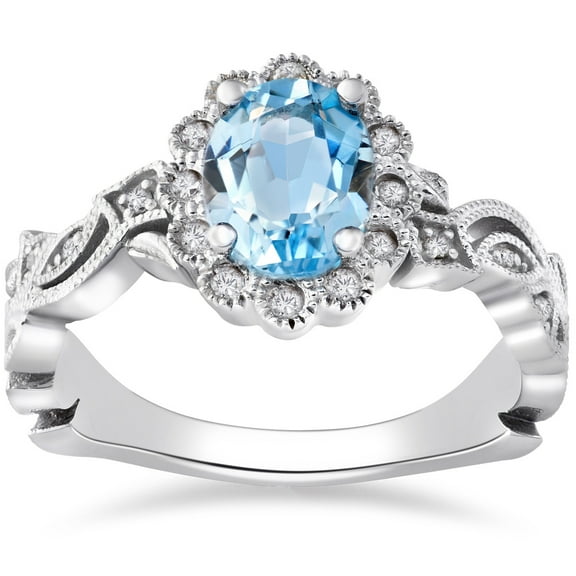 Pompeii 1 ct Oval Blue Topaz & Diamond Vintage Halo Vine Petal Ring 14k White Gold