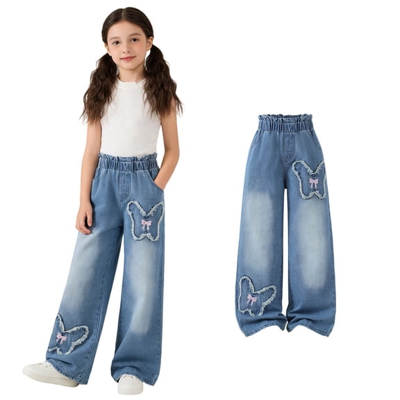 Baggy Jeans for Girls Y2k Jeans Wide Leg Butterfly Embroidered Jeans Back To School Clothes Cute Pants for Girls Size 6-13 Years