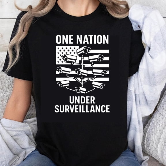 100% Cotton One Nation Under Surveillance USA Flag Security Camera T-Shirt Political Statement Graphic Tee for Men Women