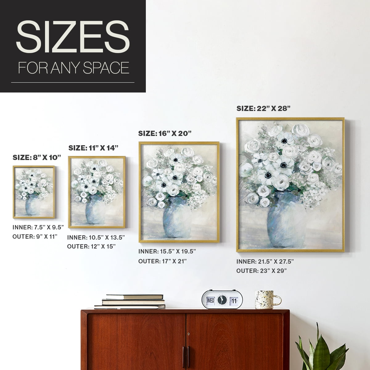 White Anemone Bouquet Framed Print in Gold Solid Wood 8 x 10 Framed Print