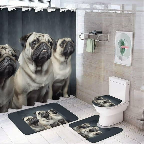 Bath Rug Set 4 Piece Funny Pug Dog Print 4 Piece Bathroom Rug Set,Four Piece Bathroom Sets Including Shower Curtain Sets and Hooks