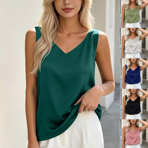 Miqool Women's Satin V-Neck Tank Top Sleeveless Dressy Blouse Loose Fit Summer Casual Work Top Flowy Camisole