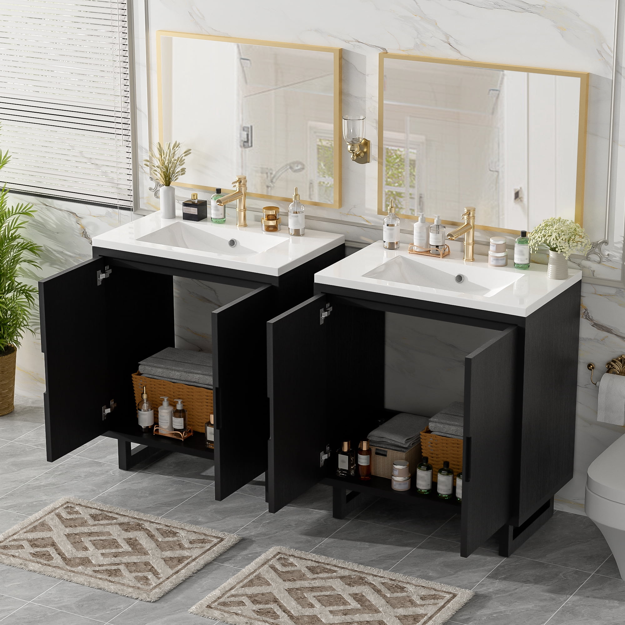 Euroco 60.2" Bathroom vanity Set with Sink, Combo Cabinet, Bathroom Storage Cabinet, Solid Wood Frame