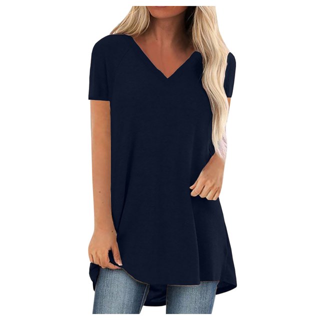 Pompotops Femmes Été Solide Col Rond Bouton Plissé Manches Courtes Tops