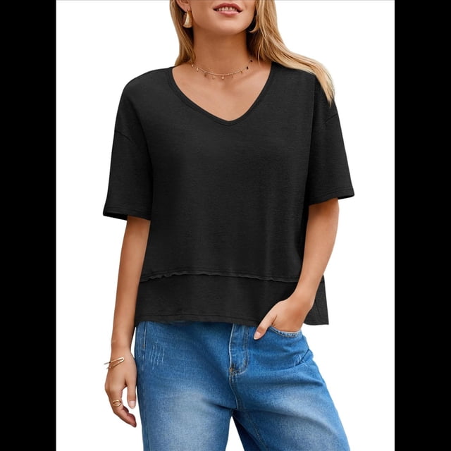 Camisetas de Verano con Cuello en V para Mujer, Blusas Casuales de Corta, Holgadas y Básicas. Negro S