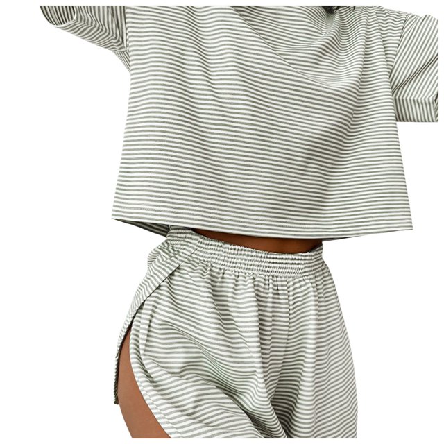 2025 Ensemble de Shorts pour Femmes Pyjama à Rayures pour Femmes Ample Ensemble pour Femmes Ensemble 2 Pcs Ensemble à Manches Courtes avec Shorts Ensemble de Shorts de Maternité Tenue d'Extérieur à la Mode Maison Plage Couvre-Maillots pour Femmes Tenue Mignonne pour