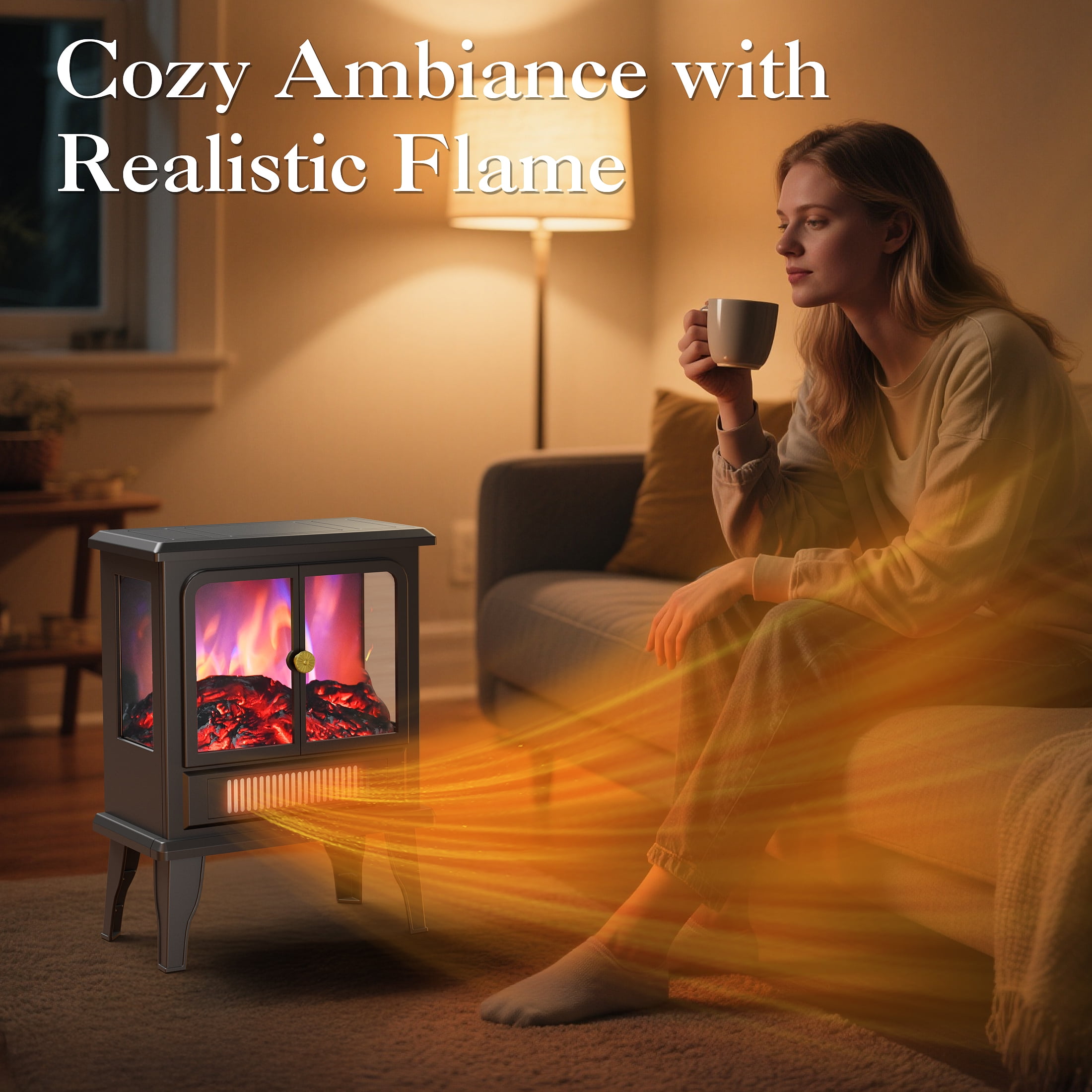 LifePlus Electric Fireplace Heater, Freestanding Fireplace Stove with 3D Realistic Flame for Indoor Home Safe Use, 750W/ 1500W, 19"