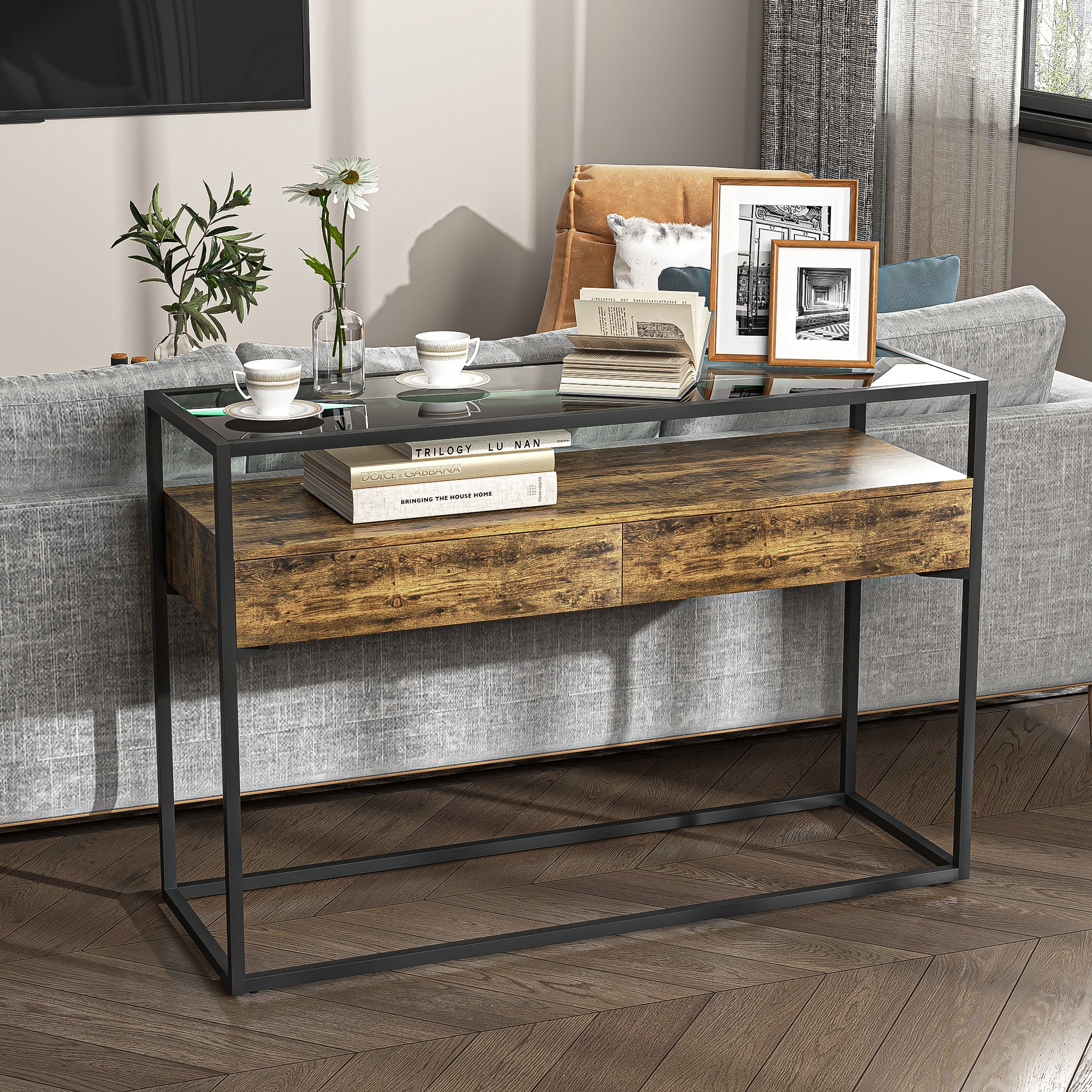 Kadyn Modern Console Table, Sofa Table with Drawers, Glass Entryway Table for Living Room, Brown