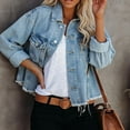 thumbnail image 4 of XMHJSMD Women Denim Tops Long Sleeve Cropped Jean Jacket Distressed Ripped Casual Jean Jacket(Blue,L), 4 of 7